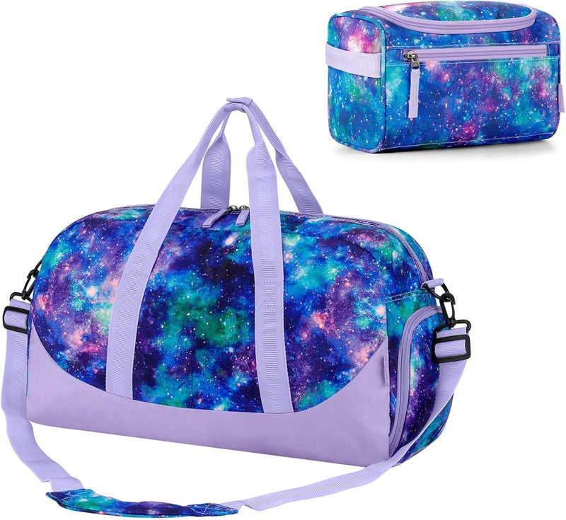 Choco Mocha Duffle Bag Kids Girls - Overnight Bags with Toiletry Bag for Weekender Travel Gym, Christmas Gifts for Girl Kid, Galaxy Purple - Image 1